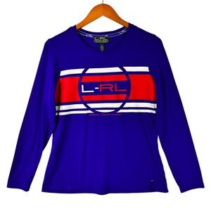 Lauren Ralph Lauren Women's Long Sleeve Top Blue L RL Logo Graphic Casual Athlei